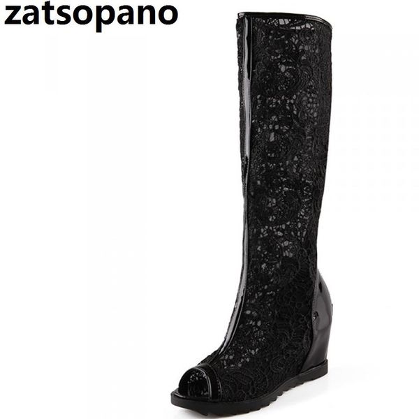 

zatsopano 2018 fashion lace mesh black white summer long knee high gladiator sandals women boots peep toe wedges heel boots