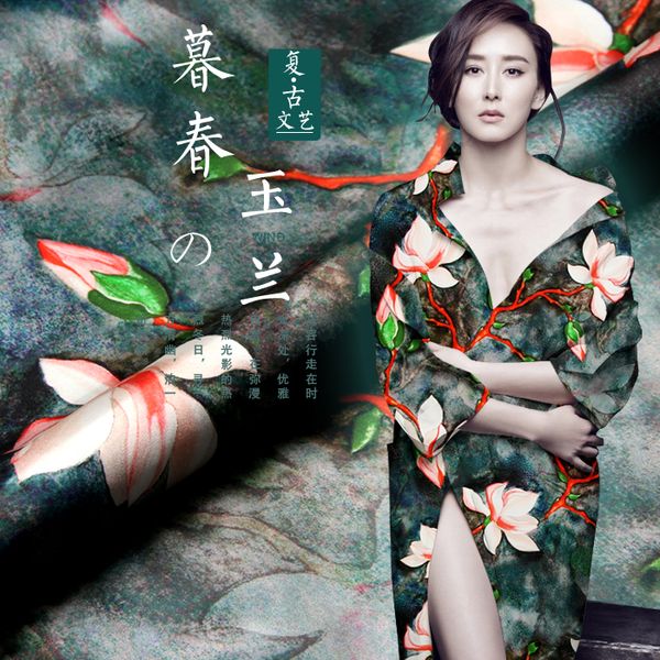 

sp747 pure silk/ magnolia flower /silk fabric mulberry silk 93% silk 7% spandex elastic/ width1.29yd thickness19mm/ unit: meter, Black;white