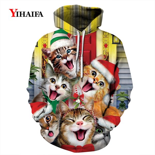 

2019 fashion christmas sweatshirt men women 3d hoodies funny cat graphic streetwear pullover tracksuit animal pattern, Black