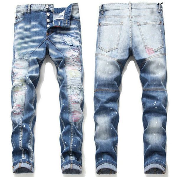 

mens rips stretch black jeans fashion slim fit washed motocycle denim pants panelled hip hop trousers slim-fit elastic trousers 75bs, Blue