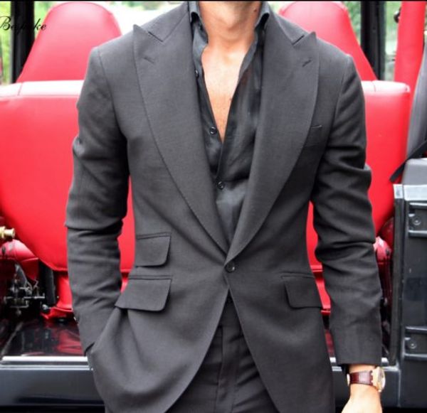 Nova marca Cinza Escuro Mens Wedding Tuxedos Padrões de Noivo Groomsmen Smoking Homem Blazers Jaqueta Excelente 2 Peça Ternos (Jacket + Pants + Tie) 6