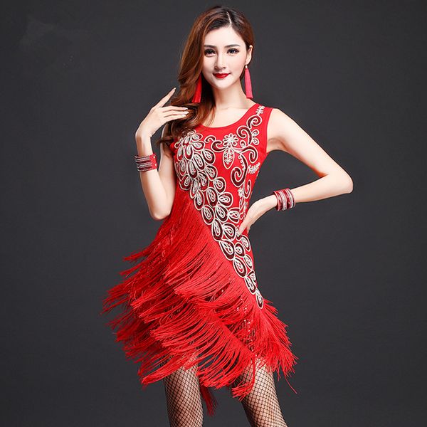 

women dresses latin dance dress sequins fringes skirt women latin tango ballroom girl salsa dance dress party costume tassel, Black;red