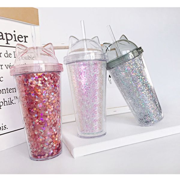 

cat ear flashing double cup children's baby cartoon cute water cup creative sequin plastic straw juice cup glass bottle t2i5150