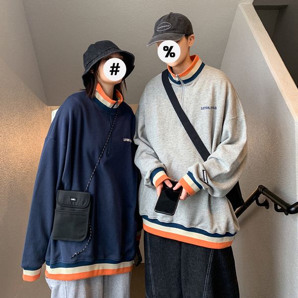 

2020 spring and autumn new youth popular japanese retro collar half zip sweatshirt fashion casual loose pullover gray / blue, Black