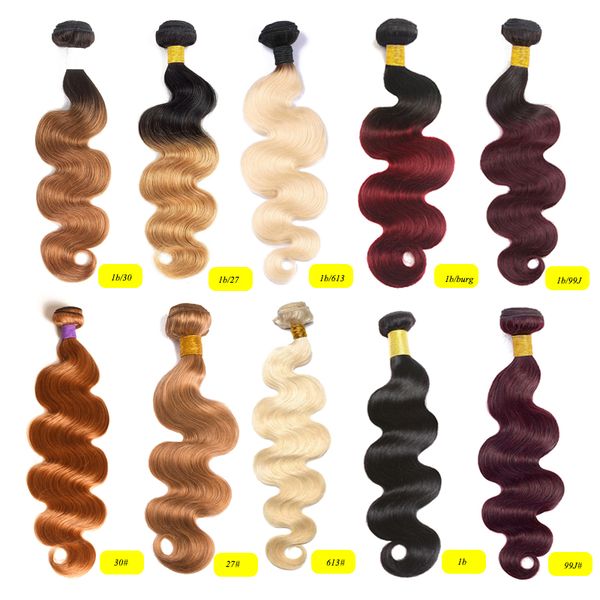 

pre-colored raw indian hair 3 bundles 1b 27 ombre t1b 99j body wave human hair weaves bundles with closure t1b 30 t1b bug, Black