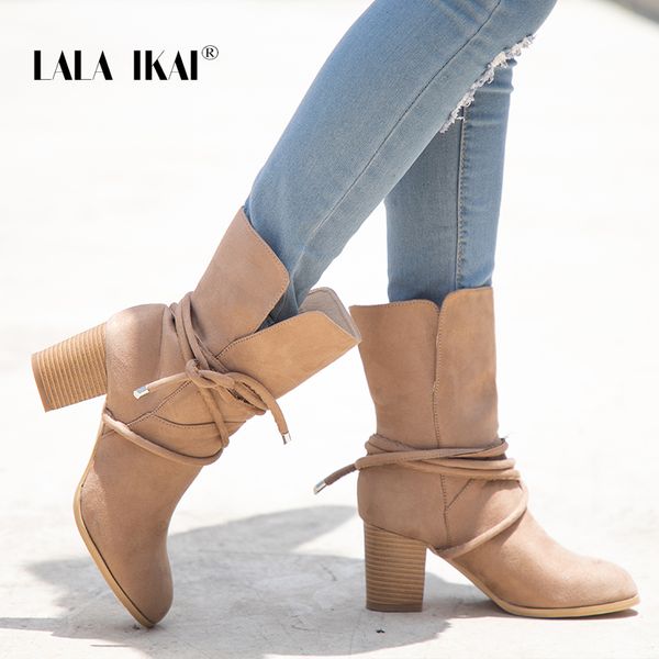 

lala ikai women high heel flock boots velvet slip-on khaki cross-tied mid-calf ladies winter snow boots 014c2329 -49, Black