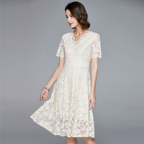 

women elegant yellow lace dress summer style short sleeve hollow out women clothes casual female party midi vintage dress, Black;gray