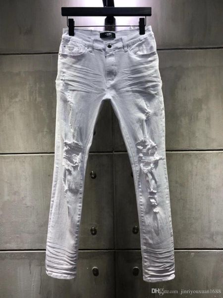 

2019 mens holes jeans mens ripped skinny slim denim pants biker jeans long pant hip hop white jeans denim pants ing, Blue