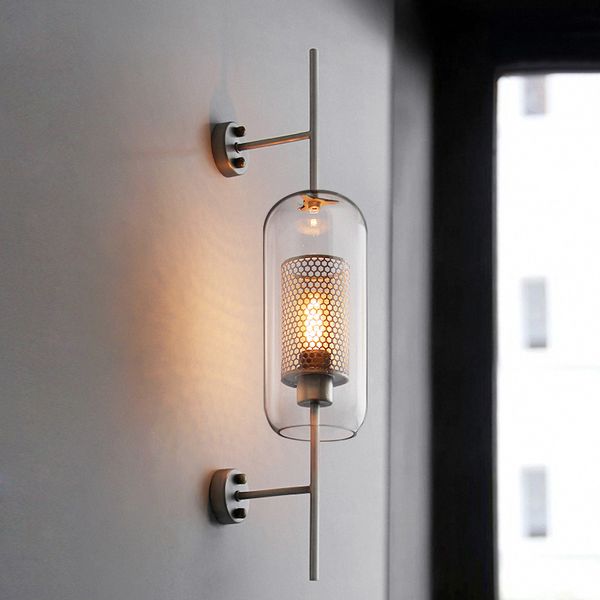 

modern clear glass shade scones wall lamps for bedroom bedsides study hanging lights loft retro iron mirror light net fixtures