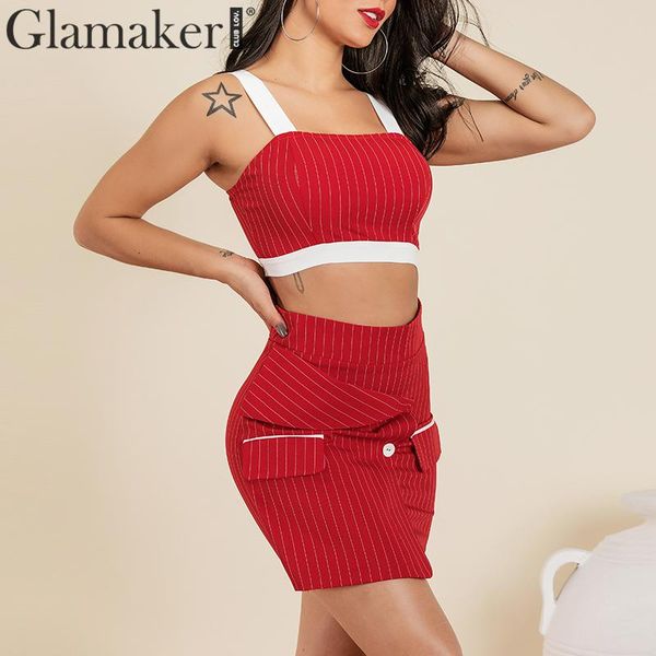 

glamaker striped black bodycon dress women spring summer two piece suit dress elegant party club crop slim mini short, Black;gray