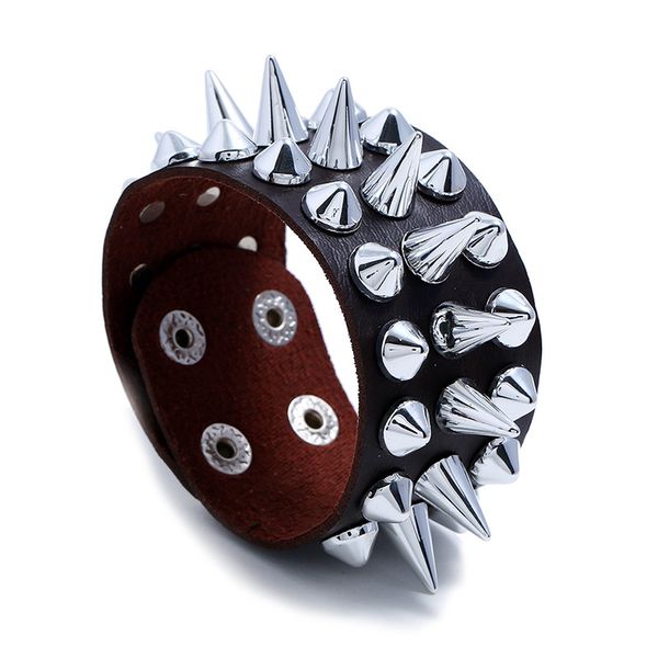 

2019 fashion pointed three rows of spikes rivet wide bracelet leather punk rock gothic pulsera men's jewelry gifts, Golden;silver