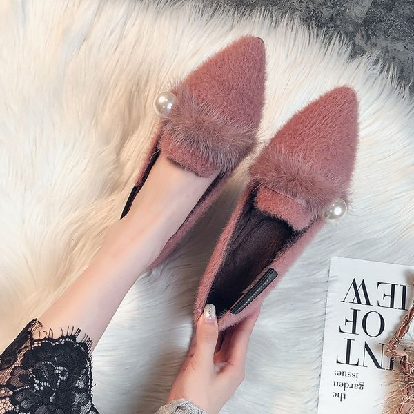 

shoes woman flats women slip-on autumn loafers fur pointed toe pearl decorateion casual female sneakers 2019 fashion women's, Black