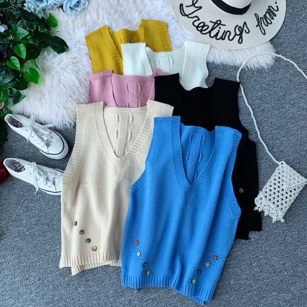 

6 color loose women knit vest colorful buttons decoration knitted pullovers button casual v-neck female sleeveless, Black;white