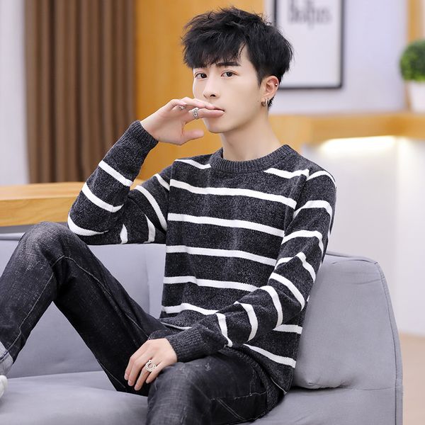 

2019 new autumn winter fashion brand casual sweater men o-neck striped slim fit knitting men's sweaters pullovers male, White;black
