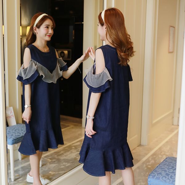 

new arrival summer dress women 2019 new mesh patchwork ruffle jean dresses women denim dresses plus size, Black;gray