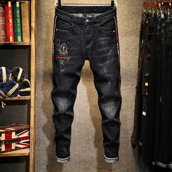 

прямой стиль t кошка джинсы мужские значок вышивки диких красных кроу прилив бренд, Blue