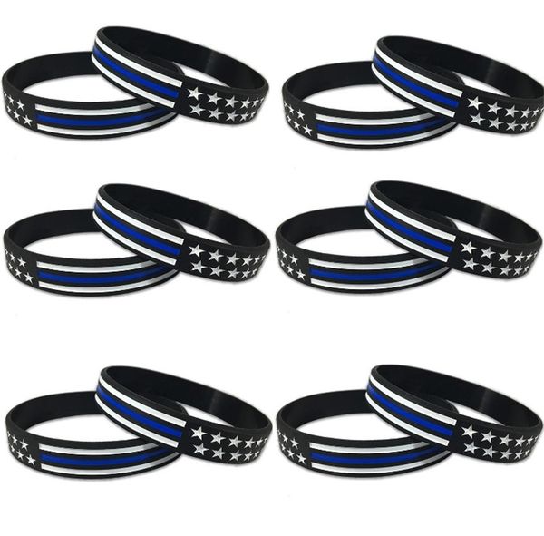 

shy 300pcs/lot thin blue line american flag bracelets silicone wristband it is soft and flexible great for normal day to day wear k5444, Golden;silver