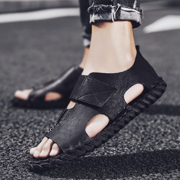 

new casual men soft sandals comfortable men summer genuine leather sandals roman summer outdoor beach, Black