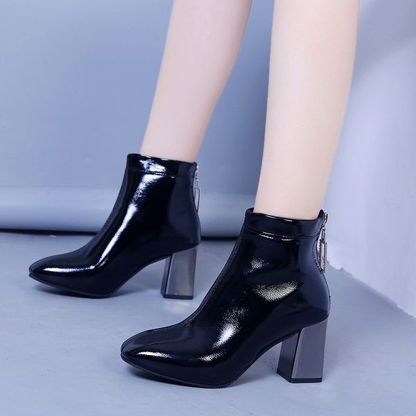 

high heels black leather ankle boots for women thicken plush winter shoes woman back zipper crystal short botas female