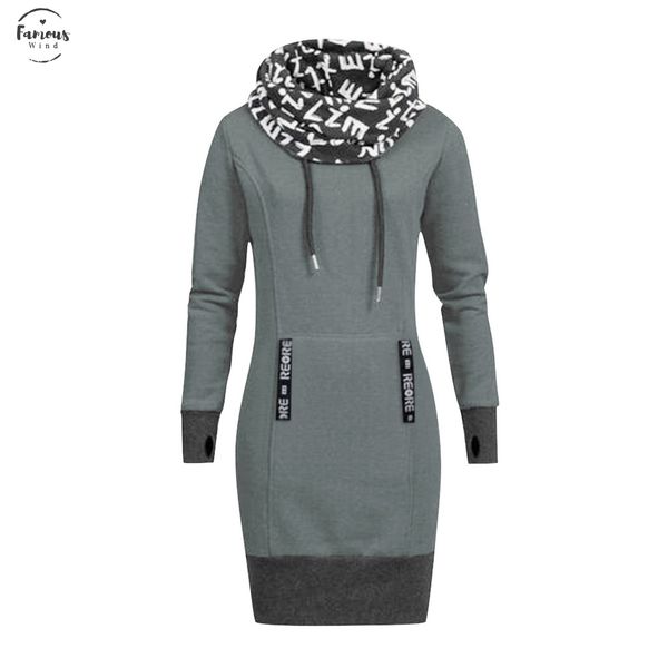 

letter print collar hooded casual dress plus size women long sleeve winter ladies streetwear autumn vintage vestido mujer, Black;gray