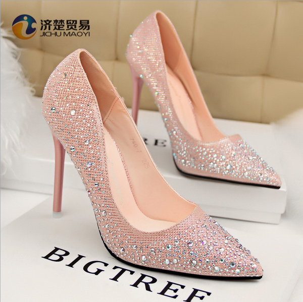 

elegant fine with high-heel shallow mouth was thin pointed diamond drill shoes, Black