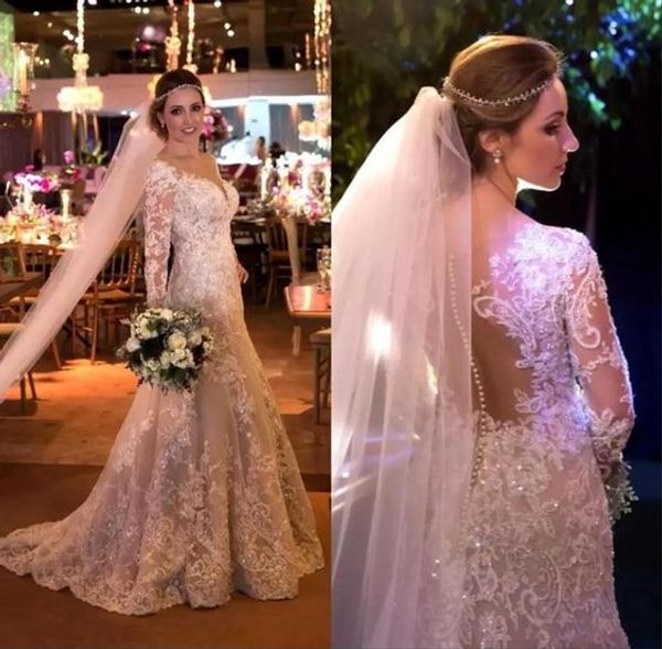 Abiti da sposa a sirena a maniche lunghe in pizzo con paillettes di lusso Abiti da sposa in pizzo Bateau Vedi anche se con cerniera posteriore Abito da ricevimento di nozze da sposa Autunno invernale