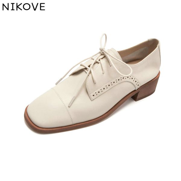 

nikove 2020 summer women pumps shoes genuine leather+pu low heel square toe lace up casual classic fashion shoes size 34-41, Black