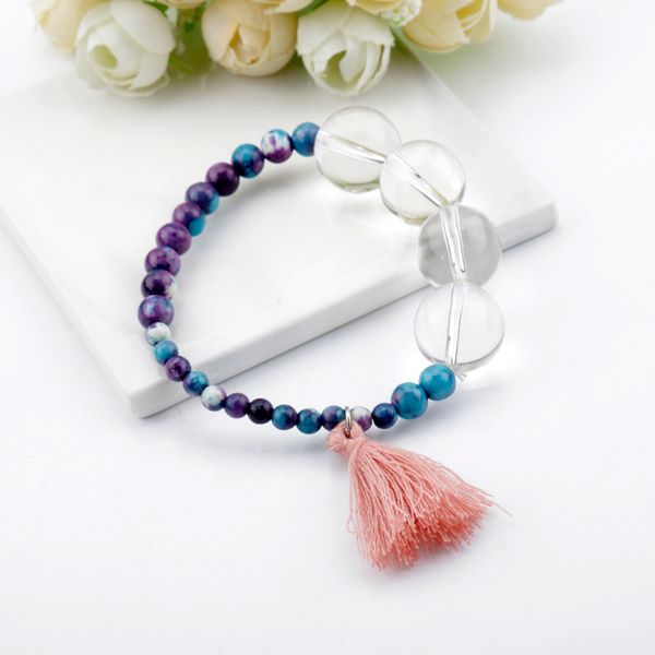 

bracelet jewelry blue round beads shape bangles tassel pendant polished natural stone bracelet flexible rope accessories, Black