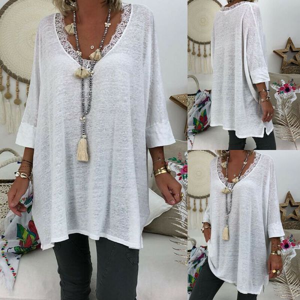 

women v neck floral lace up three quarter sleeve t-shirts female summer boho white basic long plus size xl drop shipping