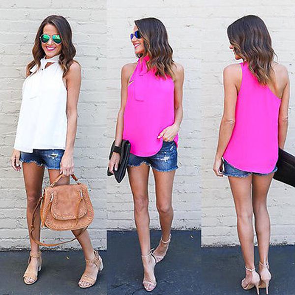 

2017 женщин холтер шеи шифон жилет майка дамы лето пляж blusa, White