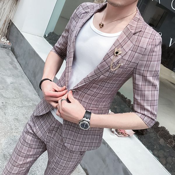

2019 spring and summer new casual slim plaid sleeves suit suit business gentleman male bar nightclub men's, White;black