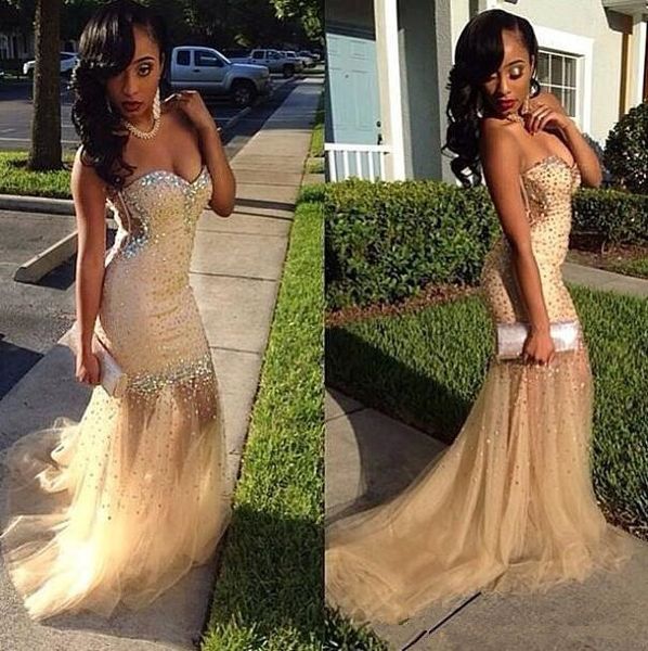 

luxurious champagne tulle prom dresses strapless beaded crystals evening gowns long mermaid women party evening dress z59, Black