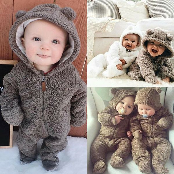 

newborn baby girls boys long sleeve solid soft warm fuzzy hooded romper jumpsuit winter outfits clothes, Blue