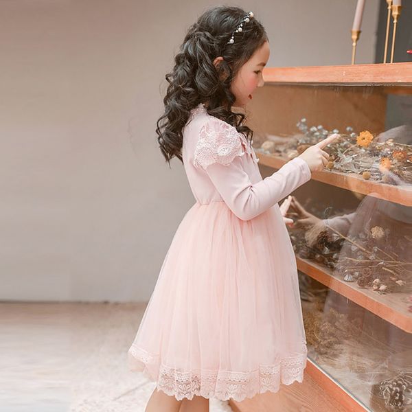 

new autumn casual baby girls lace design long sleeve patchwork mesh dress kids toddler pageant sundress 2-8t toddler girl clothe, Red;yellow