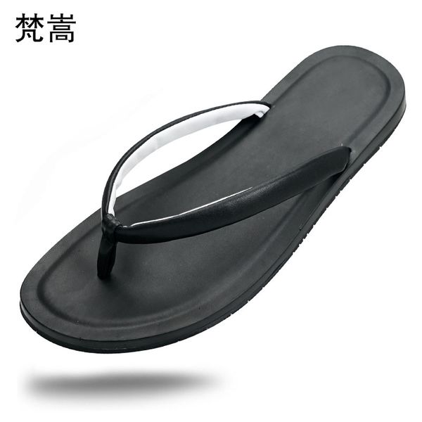 

new summer breathable real leather beach shoes mens leisure trend flip-flops fender summer men genuine leather slippers, Black