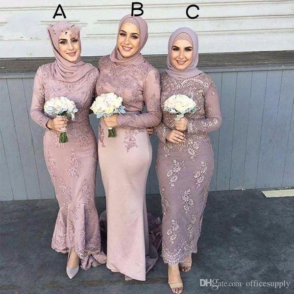 Manga comprida Árabe Muçulmano Dama de honra Vestidos com hijab lace applique bainha casamento vestido de convidado dama de honra adulto