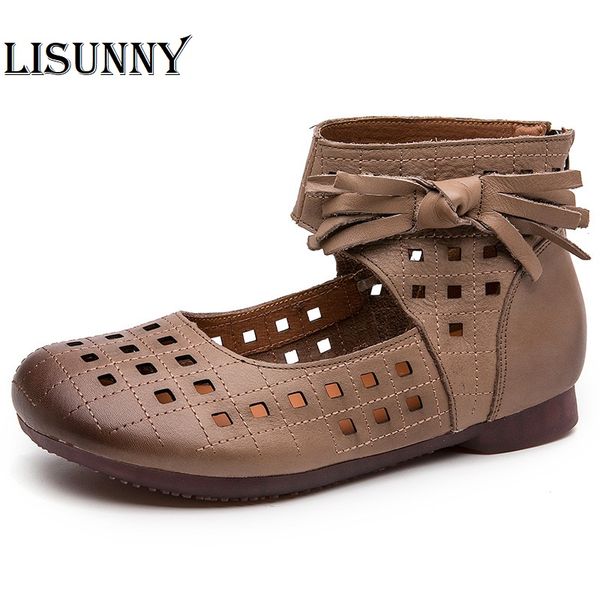 

lisunny 2020 summer sandals women boots handmade retro women genuine leather flat heel hollow soft bottom casual boots, Black