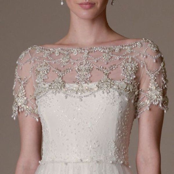

bling luxury wedding jackets rhinestones shiny beading bridal bolero wrap capes short sleeve wedding dress custom made, White