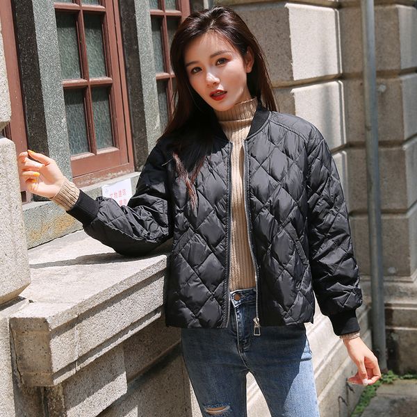 

2018 winter thin rhombus embroidered plus-sized down jacket warm fashion white duck down short jacket women's, Black;white