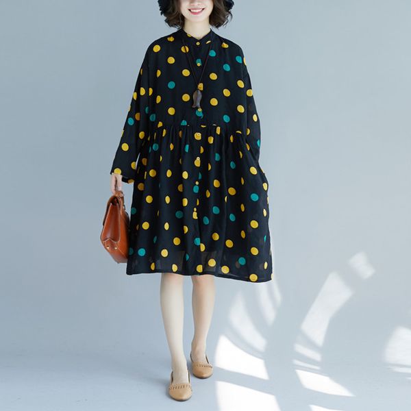 

casual dresses [ewq] 2021 spring summer arrivals stand neck long sleeve high waist dot pattern women loose knee-length dress aw28309, Black;gray