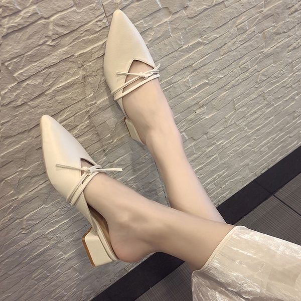 

slippers casual shoes woman 2020 butterfly-knot med cover toe square heel slipers women soft summer pointed block new, Black