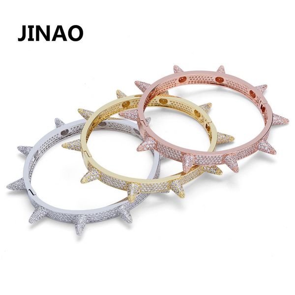 

luxury iced out bling cubic zircon hip hop rose gold silver rivet bracelets spike bangles gifts for men women, Black