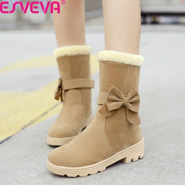 

esveva 2020 winter warm fur slip on mid calf boots flock square heel women shoes butterfly-knot round toe snow boots size 34-40, Black
