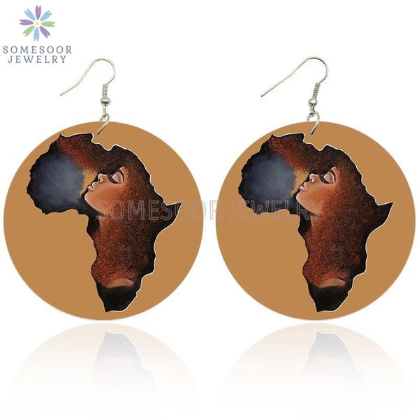 

somesoor african map ethnic wooden drop earring afro natural hair black curls girl painted wood dangle jewelry for women gifts, Silver