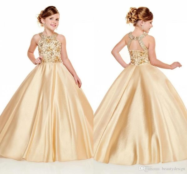 

2020 lovely gold girls pageant dresses halter neck a line beads crystals long toddler kids formal party prom gowns flower girl wear, White;blue