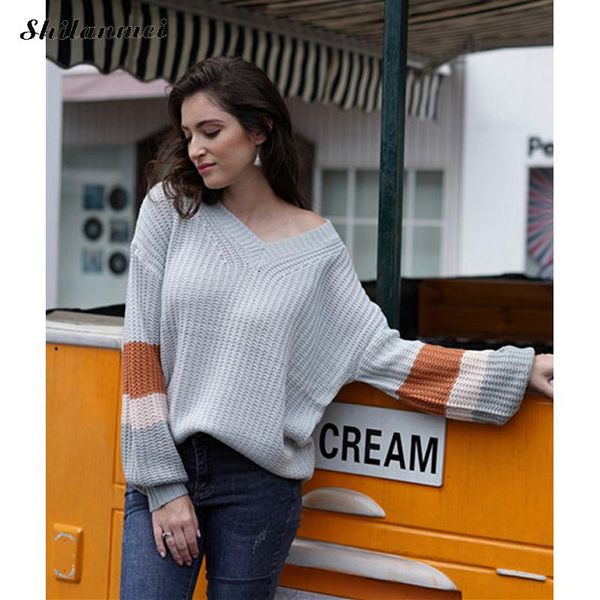 

women sweater v neck loose knitted pullover autumn winter thick knitwear 2019 fashion patchwork causal jumper pull femme sweater, White;black