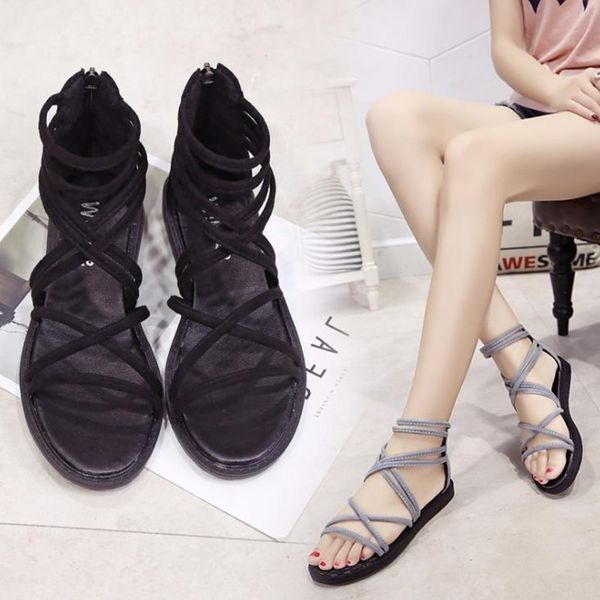 

2019 new roman sandals women xia flat students cross retro simple strap korean version of the wild beach women's shoes, Black