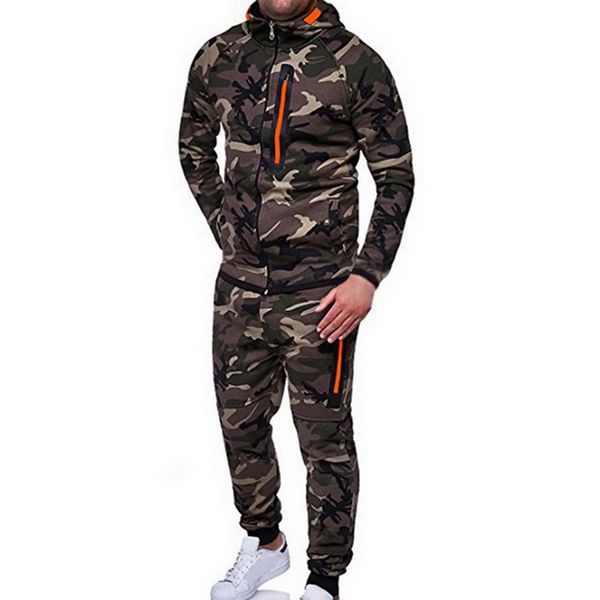 

oeak 1 set camouflage mens sportswear 2019 causal long sleeve fleece decretive pocket tracksuit hoodies elastic jacket and pants, Gray