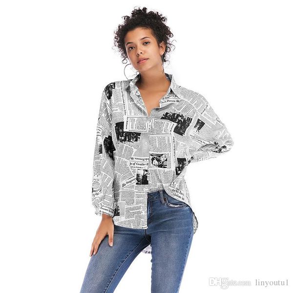 

2019 fashion newspaper print women blouse shirt loose turn down collar long sleeve blouses wild casual shirts, White