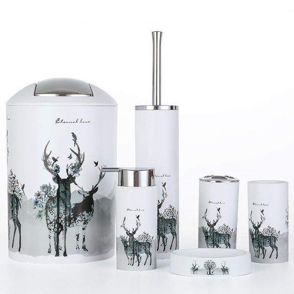 

nordic 6pcs set printing bathroom accessory set lotion dispenser toothbrush holder tumbler cup soap dish toilet brush trash can q190605